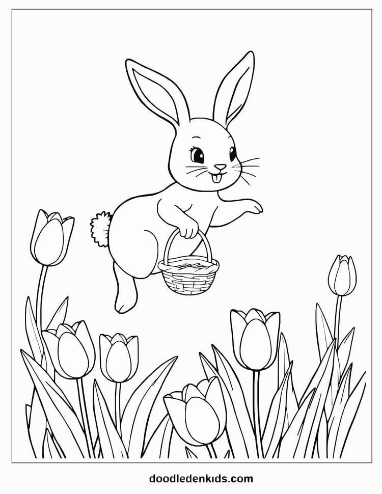 Playful rabbit hopping over tulips with a little basket, joyful children’s coloring page line art.