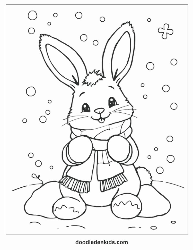 Cute bunny wearing a scarf making a snow bunny in winter, children’s coloring book illustration.