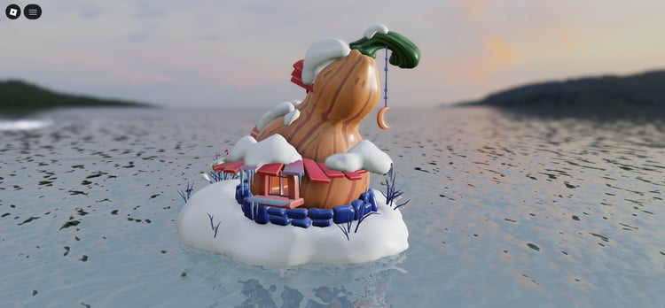 Low poly pumpkin placed in snowy winter scene