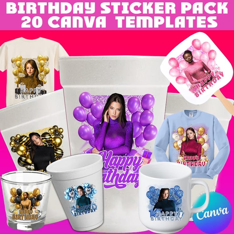 cup sticker template, birthday cup design, editable canva template, styrofoam cup sticker, mug design, party cup labels, printable birthday labels, canva birthday template, cup wrap template, party favors digital