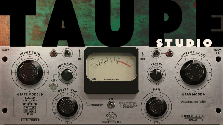 Acustica Audio Taupe Studio plugin interface — tape emulation with input trim, wow & flutter, drive & tape model controls