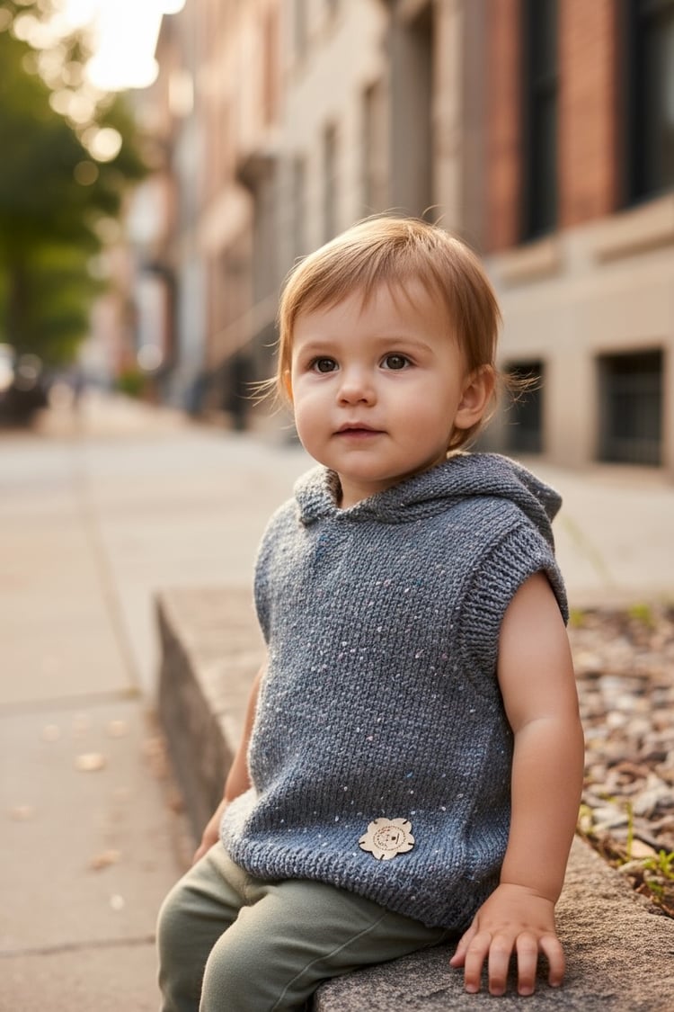 Beautifully hand-knitted grey vest for a 9 to 18 months boy or girl