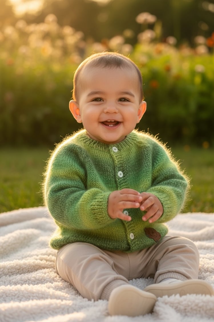 Handmade long-sleeved green sweater for a child aged 1.5 to 2 years. Made from a soft and lightweight blend of mohair, wool, and polyester.