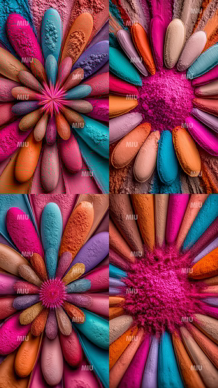Montage de quatre créations florales MIU réalisées en pigments colorés. Chaque fleur est composée de pétales poudrés aux teintes rose, turquoise, orange, violet, beige et corail, avec un centre texturé vibrant. Les textures mates, la poudre éclatée et les