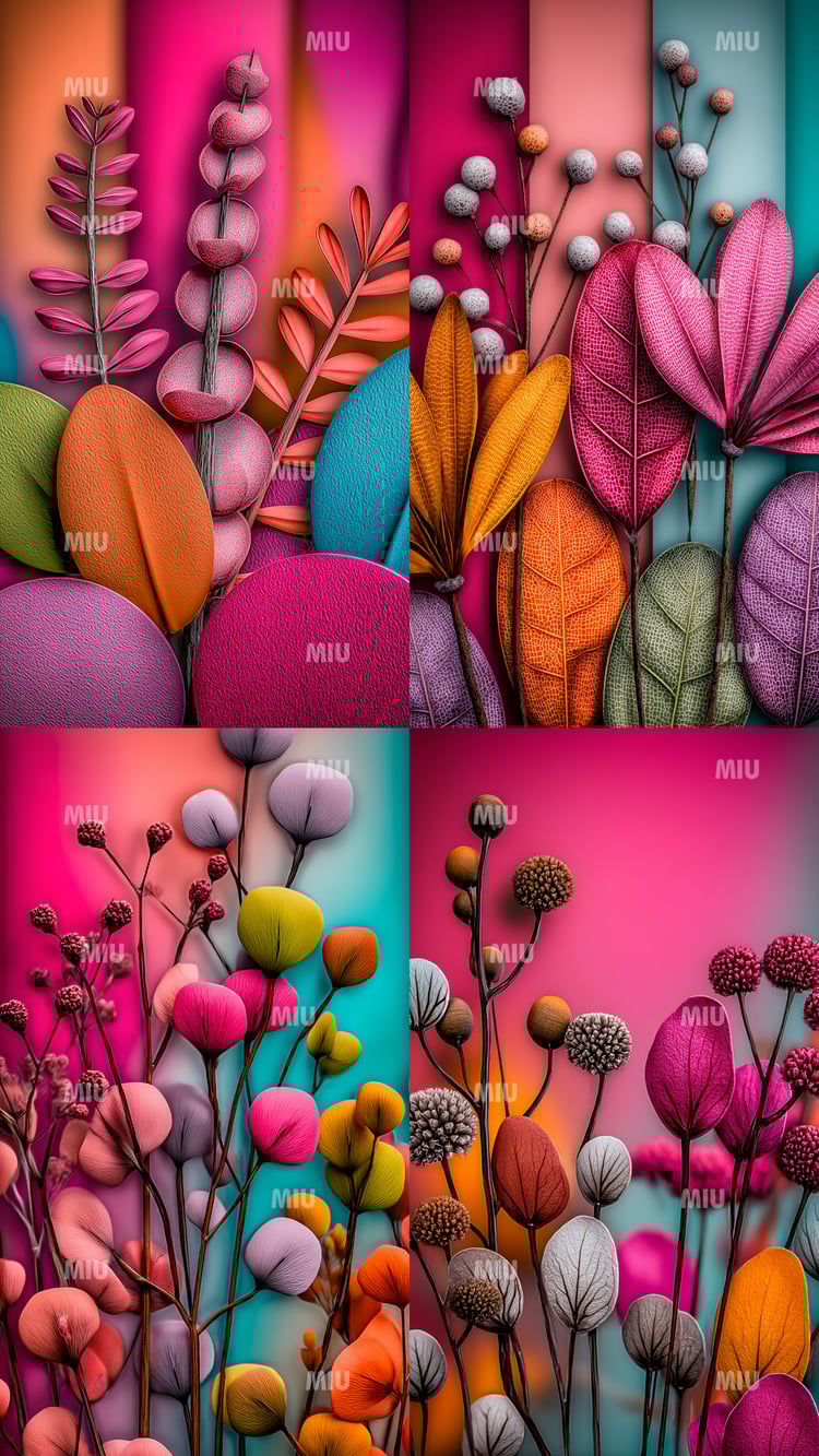 Montage de quatre visuels botaniques texturés dans l’univers coloré MIU, présentant des feuilles sculptées, tiges fines, bourgeons ronds et formes florales stylisées en rose, turquoise, orange et violet sur des fonds dégradés modernes.