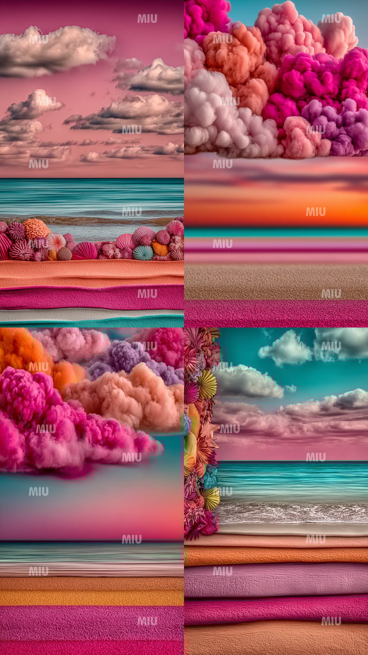 Montage de quatre visuels MIU alliant mer calme, ciels saturés et textures minérales en dégradés. On y voit des nuages roses et pêche, des bandes de sable coloré du fuchsia au beige, des pierres texturées et une mer turquoise lumineuse. L’ensemble compose