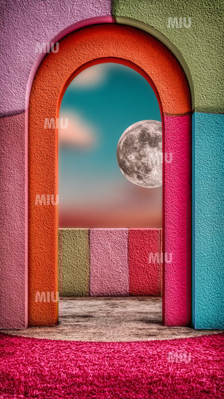 Arche colorée rose, orange et turquoise s’ouvrant sur un horizon marin turquoise avec une lune blanche dans un ciel pastel, textures poudrées MIU dans un style artistique vibrant.