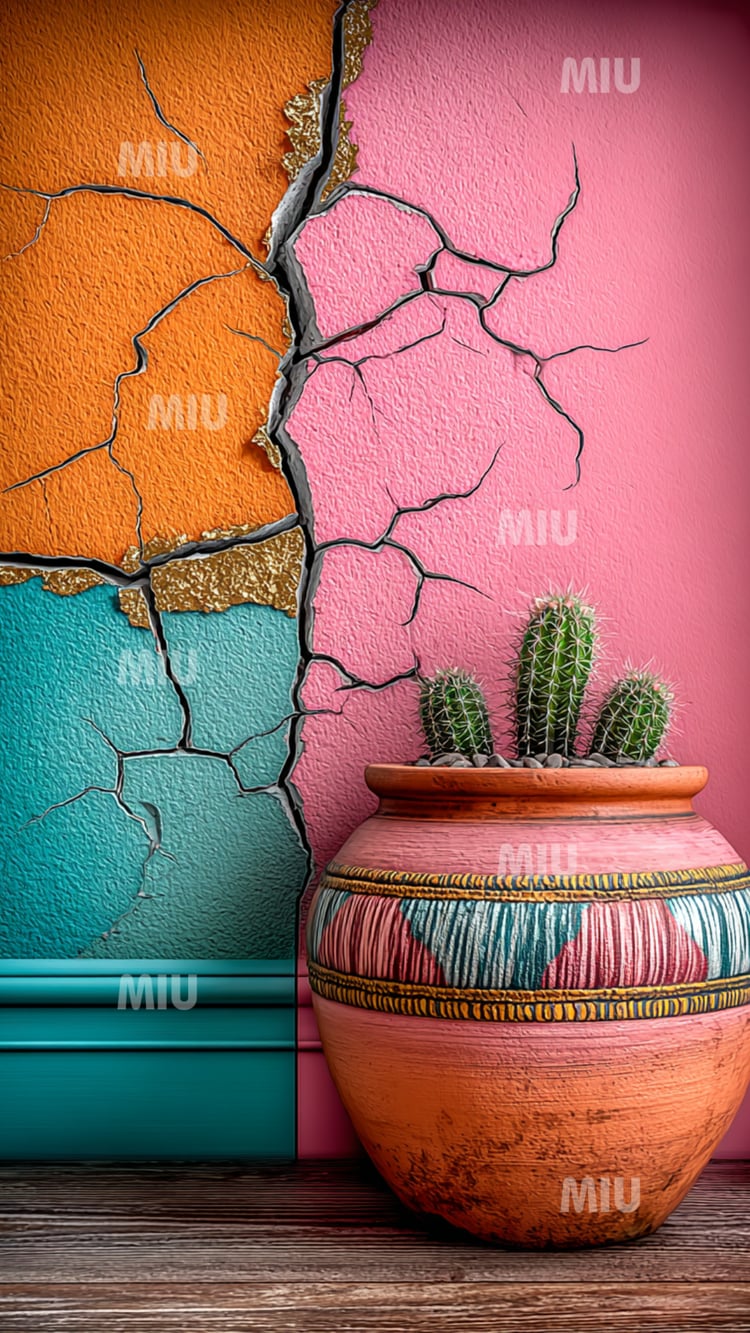 Cactus en pot artisanal posé devant un mur texturé rose et orange avec fissures décoratives, ambiance bohème colorée.