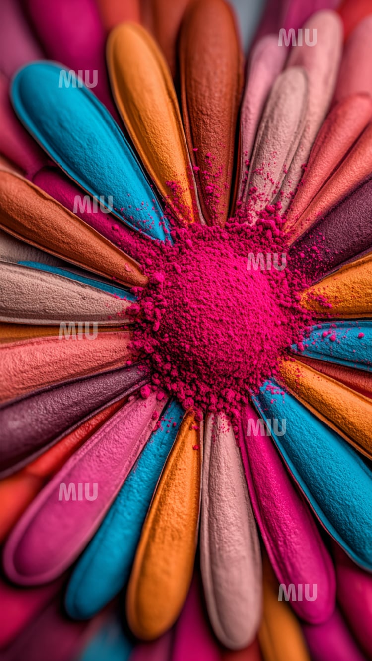 Fleur abstraite en halo composée de pétales texturés multicolores et d’un centre de poudre fuchsia fragmentée. Visuel artistique MIU au style vibrant et moderne.