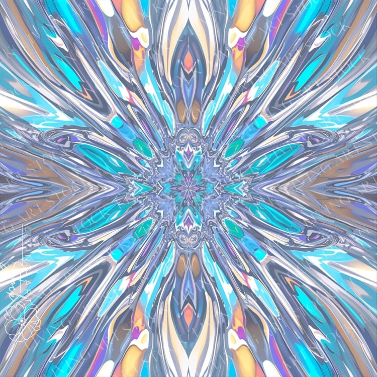 A complex, digitally generated abstract pattern featuring a symmetrical, kaleidoscopic design that radiates outwards from a central point. The texture is highly reflective, mimicking polished metal or faceted crystal, with a strong holographic effect that