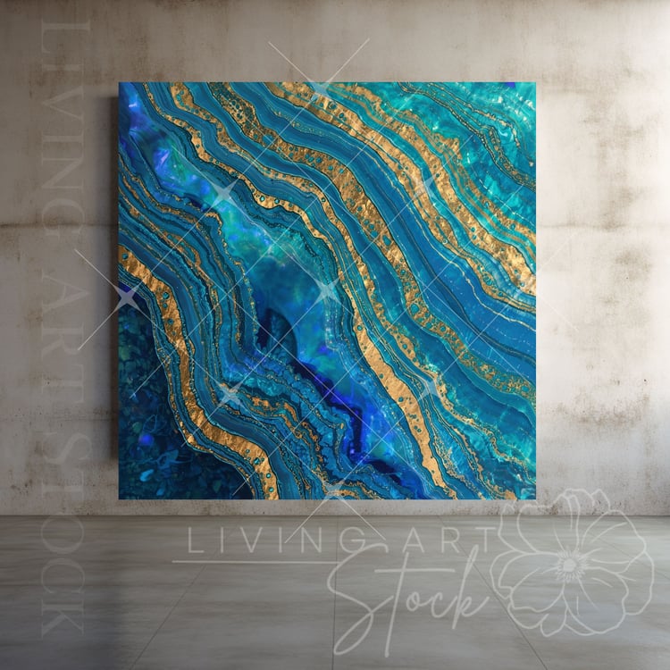 A striking and deeply saturated abstract background texture featuring multiple parallel, wavy layers of intense blue and turquoise, reminiscent of deep ocean currents or polished agate. The patterns are cut through by numerous fine and thick lines of shim