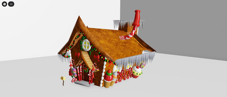 Snowy holiday village with gingerbread house centerpiece