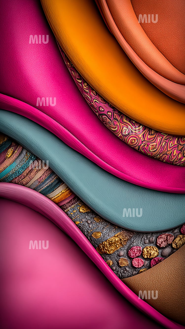 Ondulations textiles rose, orange, turquoise et motifs fractals dorés créant un effet lumineux et artistique.