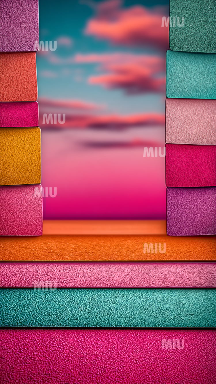Blocs texturés colorés formant un cadre géométrique face à un ciel flou rose et turquoise, dans un style artistique MIU.