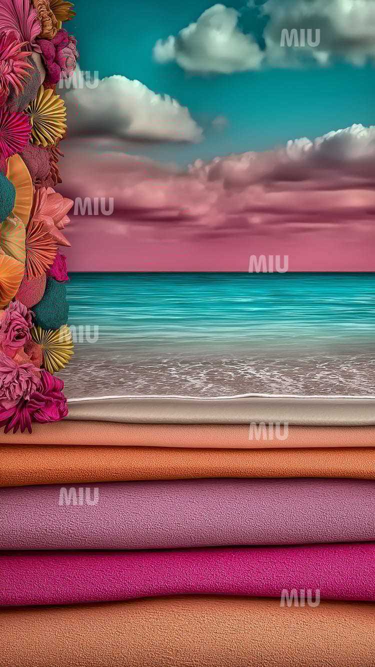 Horizon marin turquoise accompagné d’un décor floral texturé sur la gauche, dans une palette rose et pêche MIU.