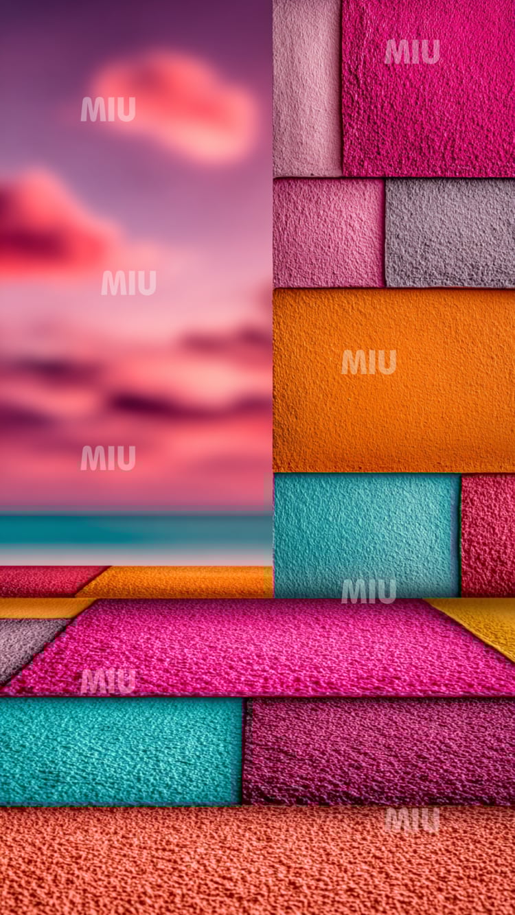 Mur géométrique composé de textures colorées rose, orange, turquoise et violet dans un style MIU moderne.