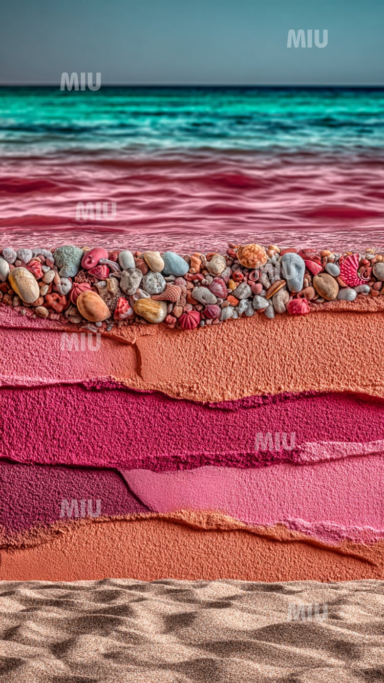 Mer turquoise surplombant une vague rose et des couches de textures et galets colorés dans le style artistique MIU.