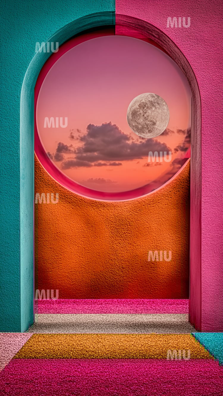 Portail circulaire coloré turquoise et rose avec une lune flottante sur un horizon pastel.