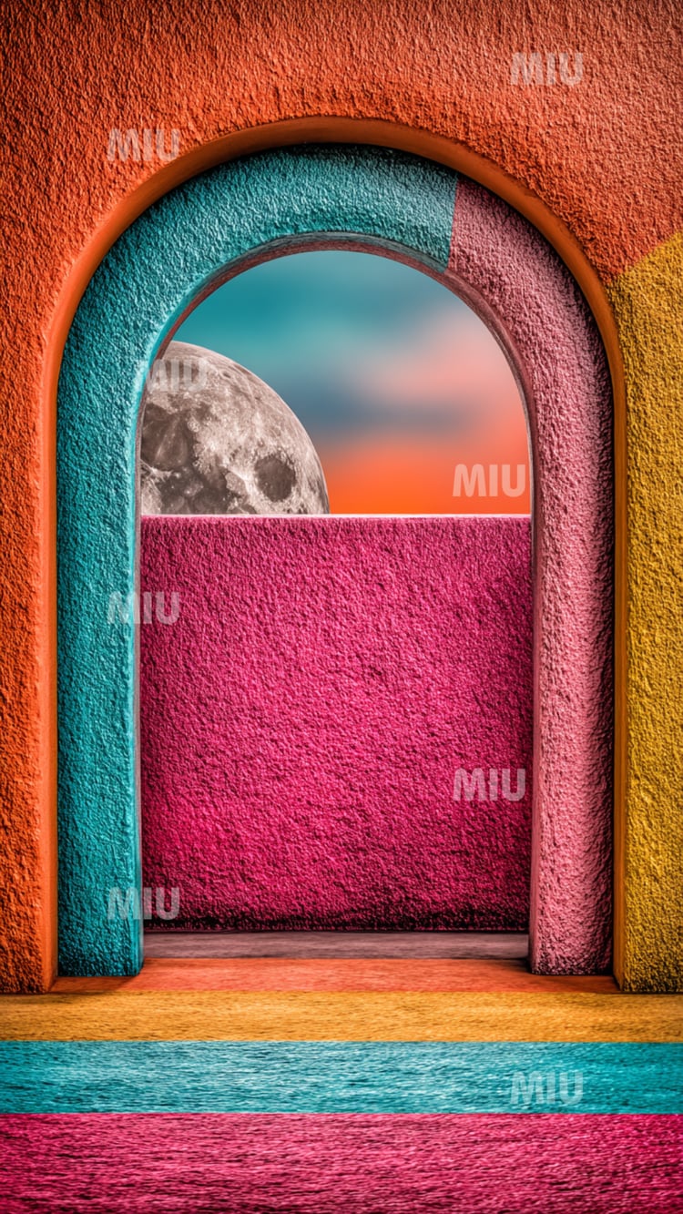 Perspective géométrique avec panneaux colorés MIU menant vers une lune lumineuse.