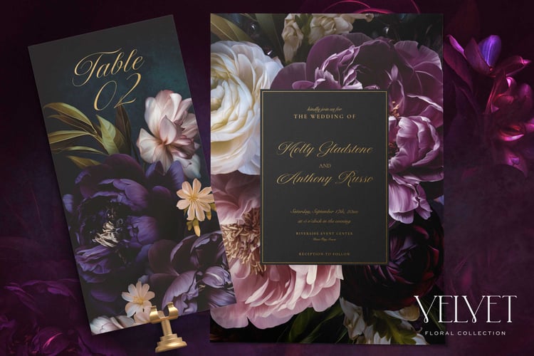 Dark pink and purple floral art graphics on a dark background with the words Velvet Floral Collection