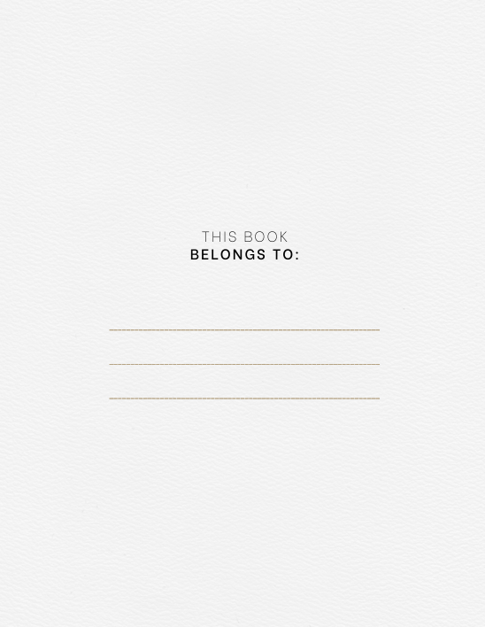 "Personalization page from Minimal Self-Reflection Journal with elegant text THIS BOOK BELONGS TO: and blank line for name – minimalist black and white design with soft aesthetic for printable journaling and self-reflection."