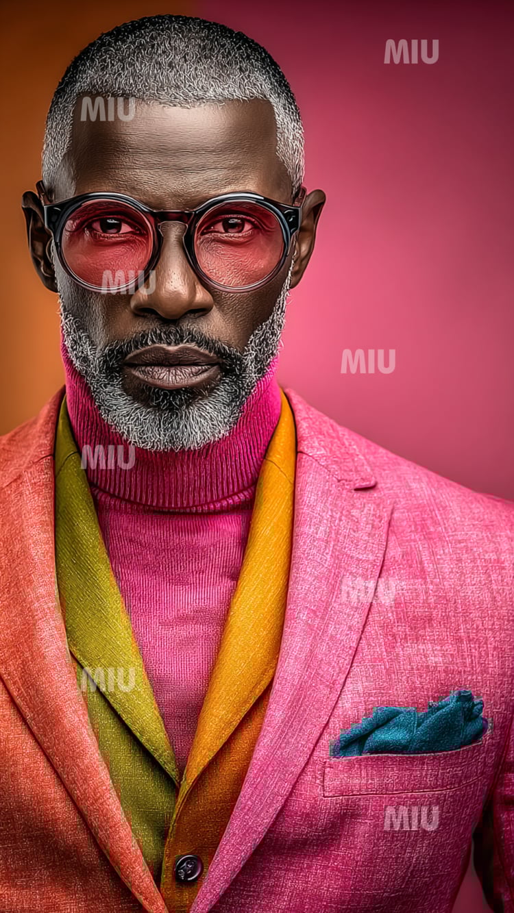 Portrait stylisé d’un homme élégant en costume rose avec accents orange, vert et turquoise, lunettes colorées et fond dégradé dans un style artistique MIU.