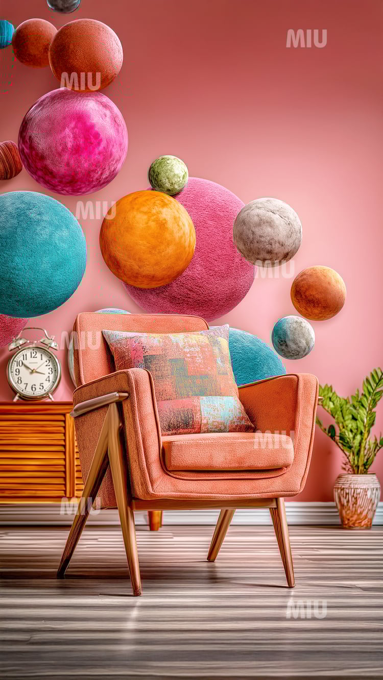 Fauteuil rétro corail dans une pièce rosée avec des sphères colorées flottantes, ambiance douce et artistique MIU.