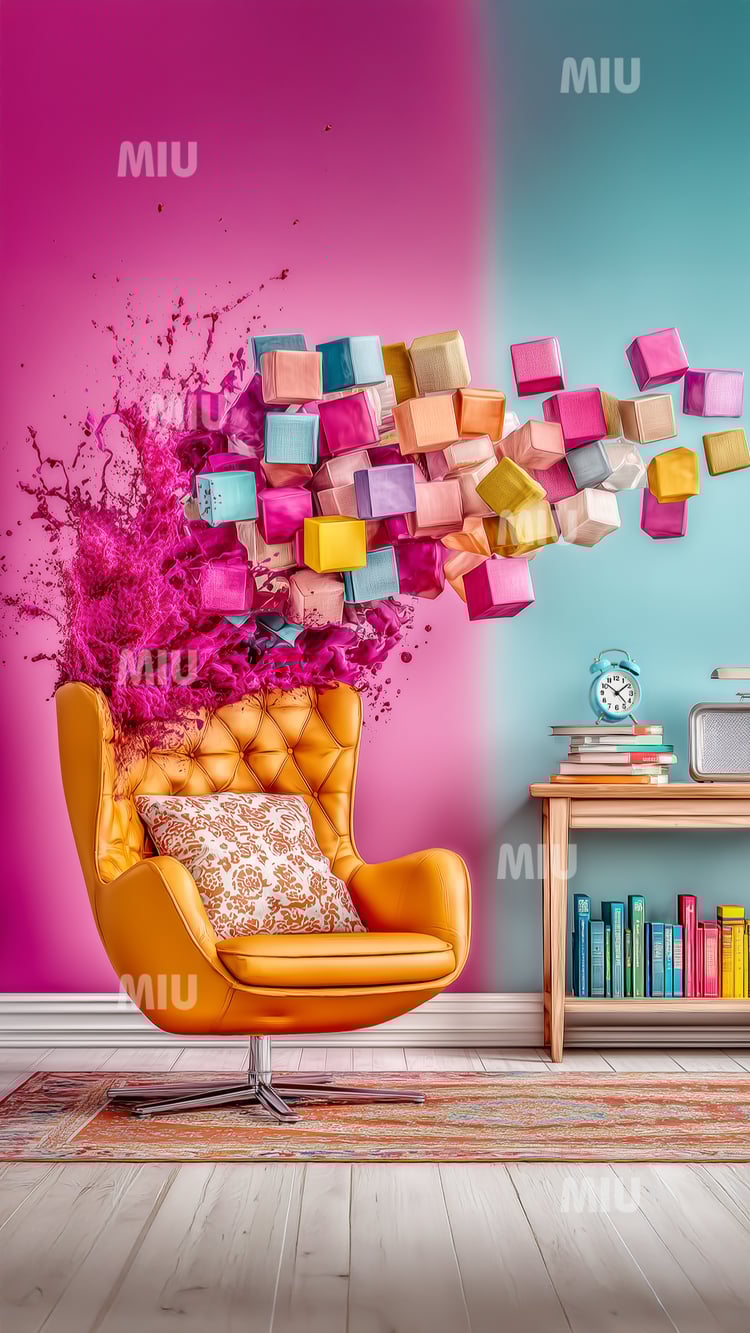 Fauteuil orange rétro explosant en un nuage de cubes colorés dans une pièce rose et turquoise, style artistique et dynamique MIU.