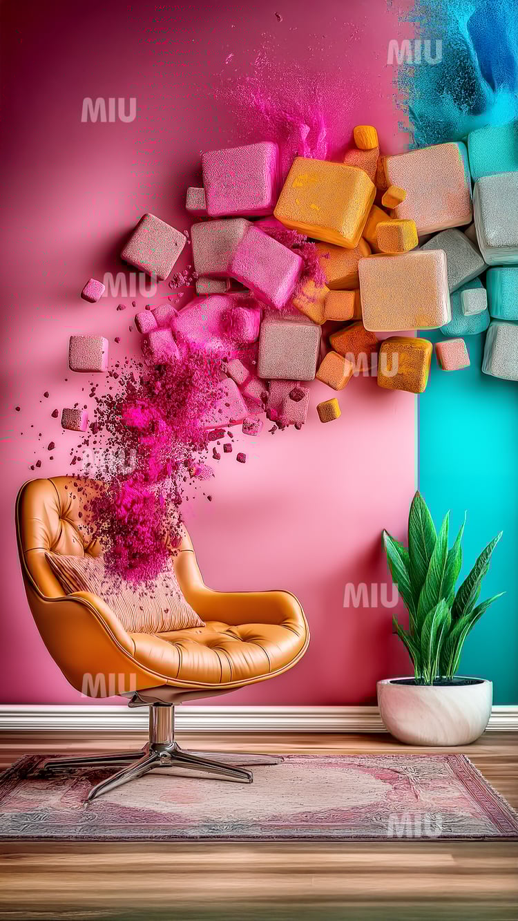 Fauteuil orange rétro avec explosion de pigments roses et blocs colorés contre un mur rose et turquoise, ambiance artistique MIU.