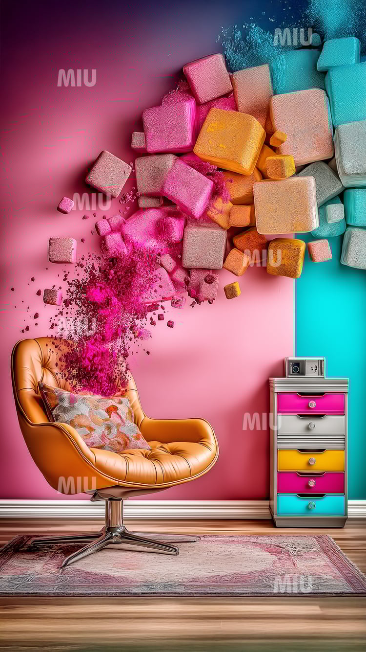 Fauteuil rétro orange avec explosion de cubes colorés et pigments roses contre un mur rose et turquoise, ambiance artistique MIU.