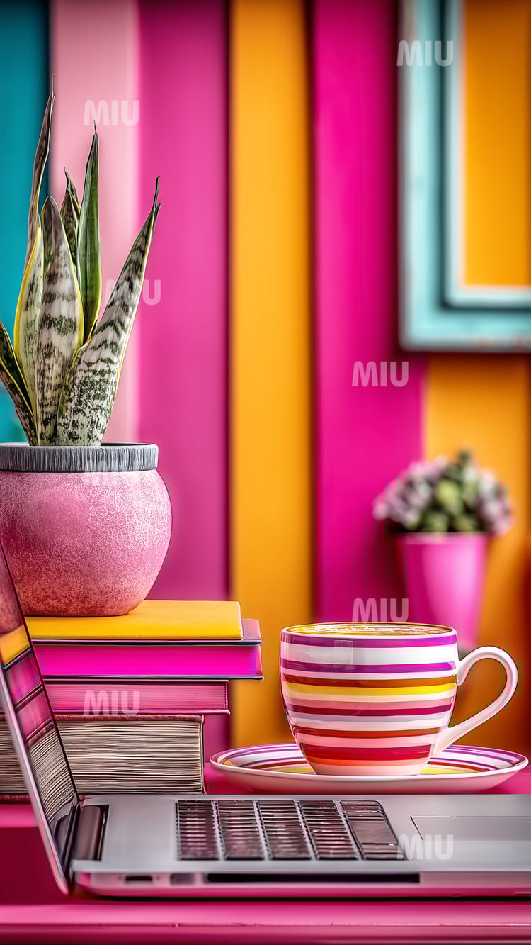 Bureau coloré avec une tasse rayée, un ordinateur portable, des livres et une plante, dans un décor lumineux fuchsia, jaune et turquoise.