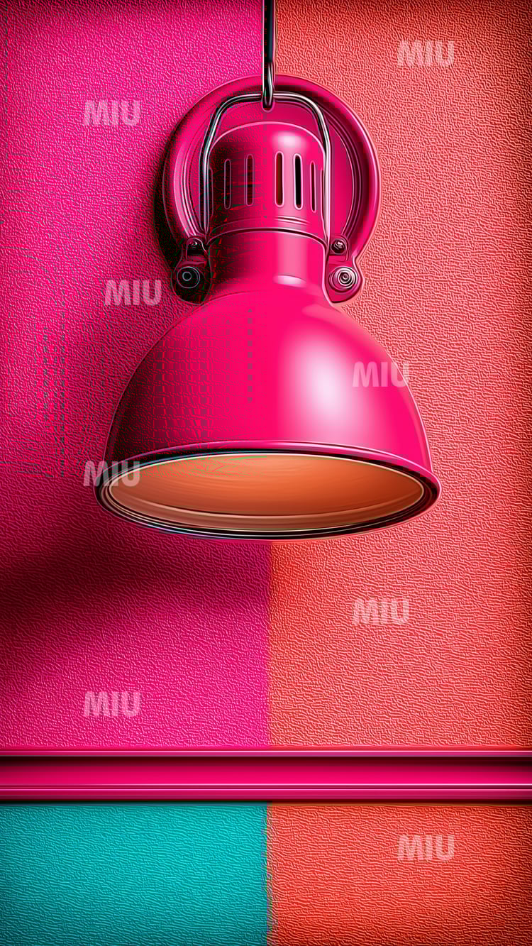 Lampe rose suspendue devant un mur colorblock fuchsia, corail et turquoise, style pop et texturé.