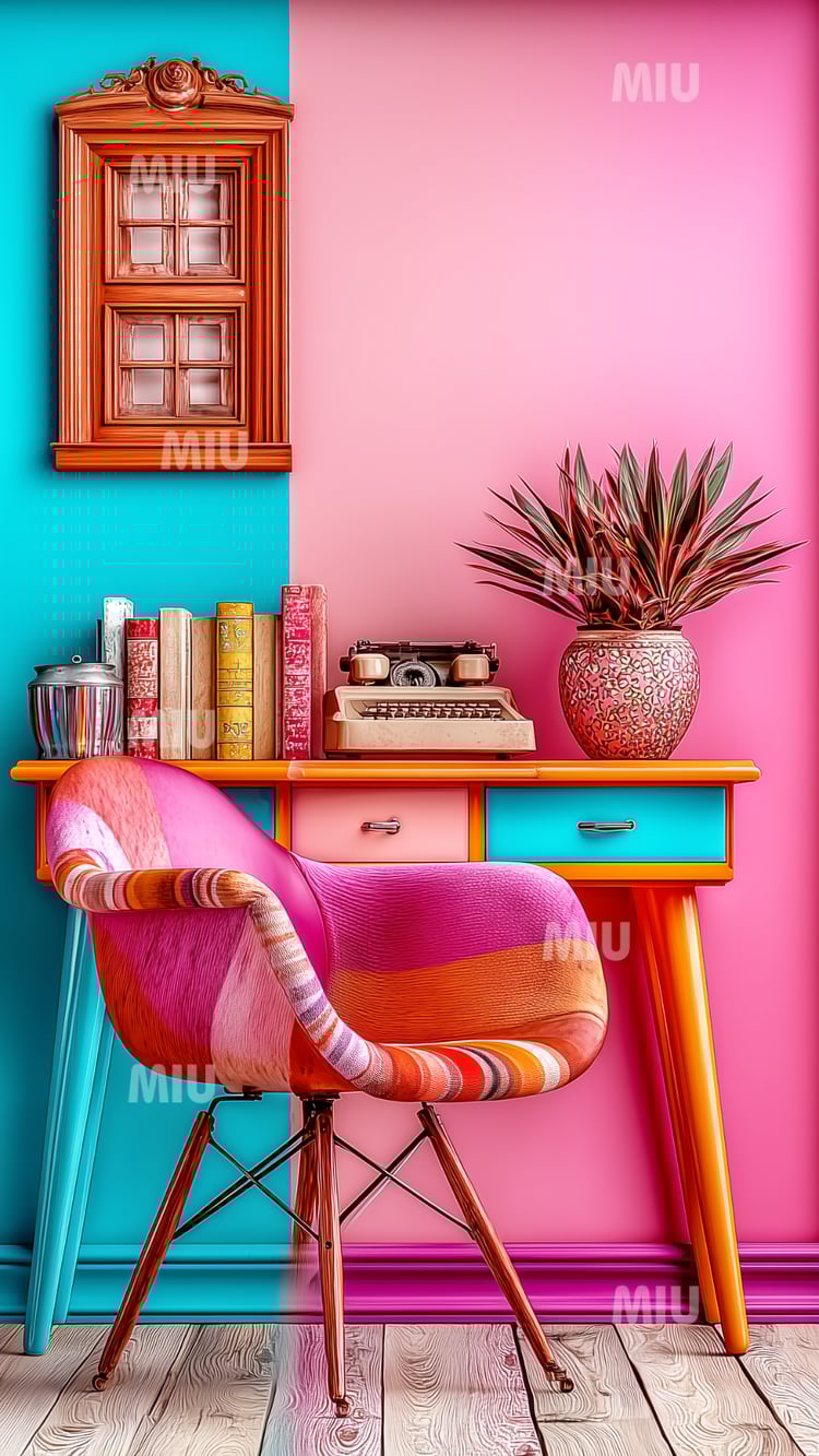 Bureau vintage coloré avec machine à écrire rétro, livres, vase décoratif et chaise design sur fond mural turquoise et rose.