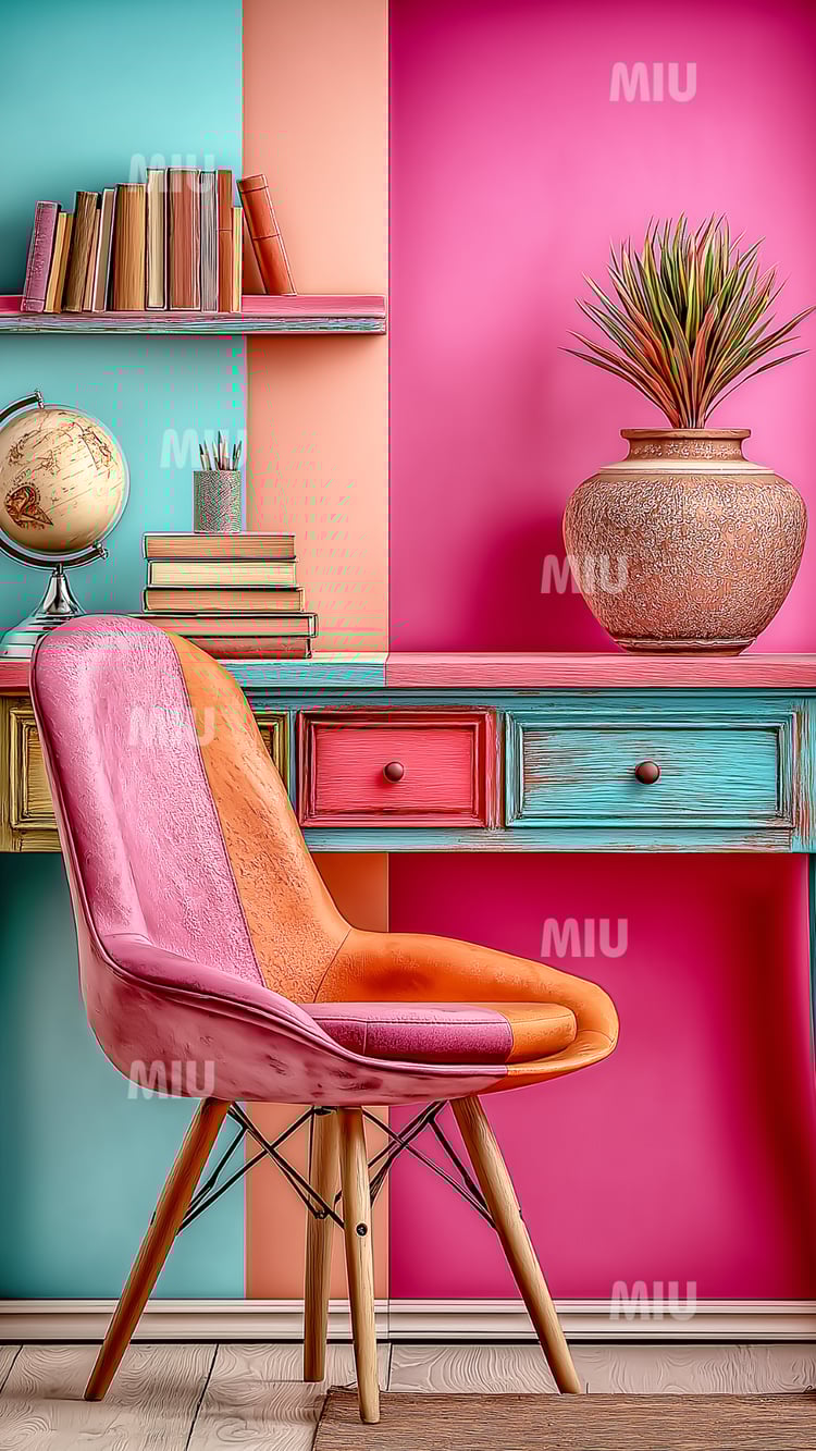 Espace de travail coloré avec chaise bicolore, bureau turquoise et rose, livres, globe et grand vase décoratif sur fond mural multicolore.