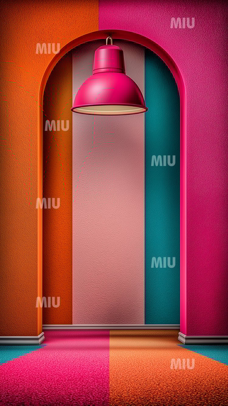 Arche colorée avec bandes rose, orange, turquoise et lampe suspendue fuchsia, décor graphique moderne aux textures granuleuses.