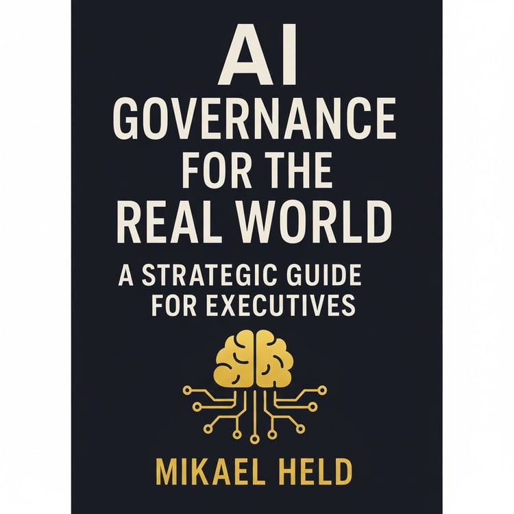 Front cover of the audiobook “AI Governance for the Real World” by Mikael Held, with dark blue background, bold white title text, and a gold brain-circuit graphic.  Den här texten uppfyller: