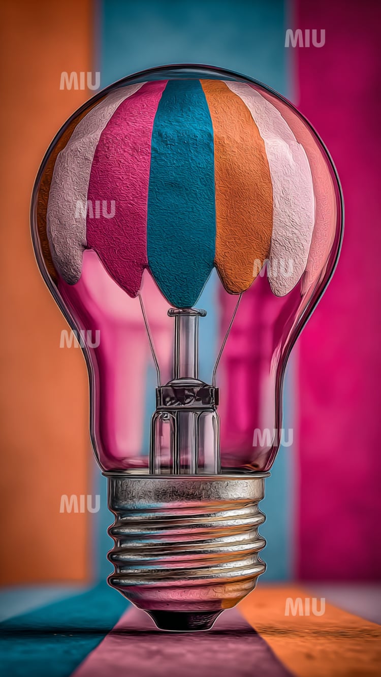 Ampoule transparente dont l’intérieur forme une montgolfière multicolore, avec un fond graphique rose, turquoise, orange et bleu.