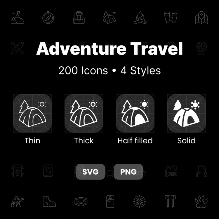 Adventure Travel Icons Pack – 200 travel and outdoor icons in 4 styles for apps, websites, and UI design.