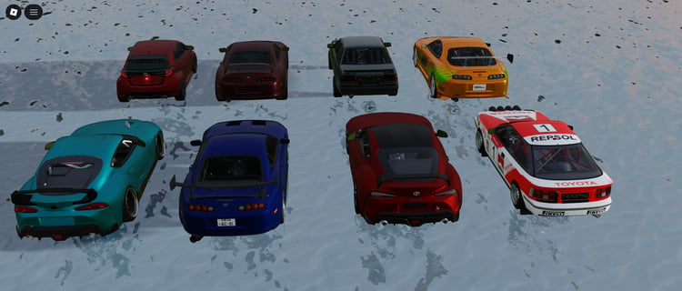 Lineup of eight detailed Toyota-style cars in a Roblox scripted vehicle pack