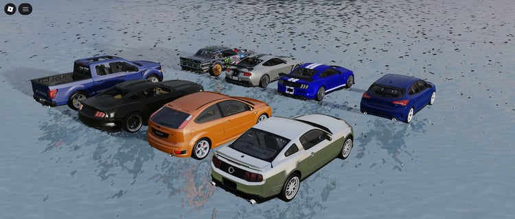 Roblox 8 Ford Pack featuring trucks, muscle cars, hatchbacks, and drift builds
