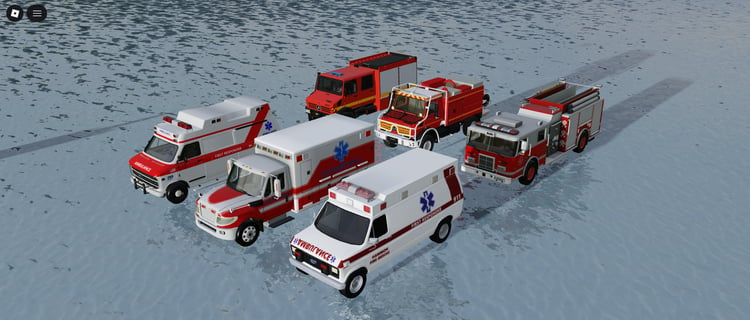 Pack of six emergency response vehicles featuring ambulances and fire engines
