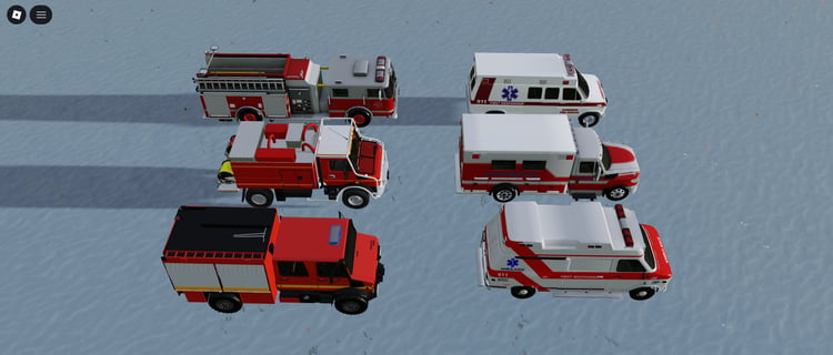 Six detailed Roblox emergency vehicles including ambulances and fire trucks