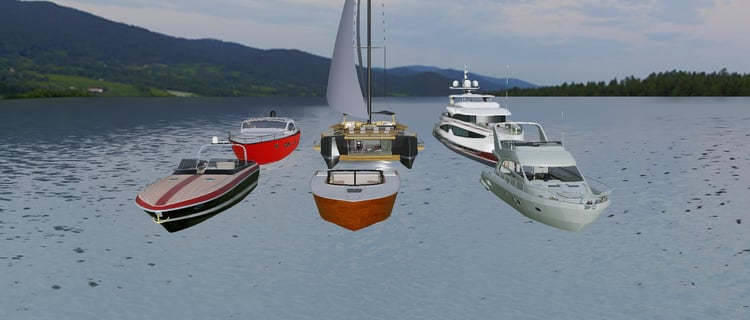 Six detailed luxury Roblox boats including yachts, speedboats, and a sail catamaran