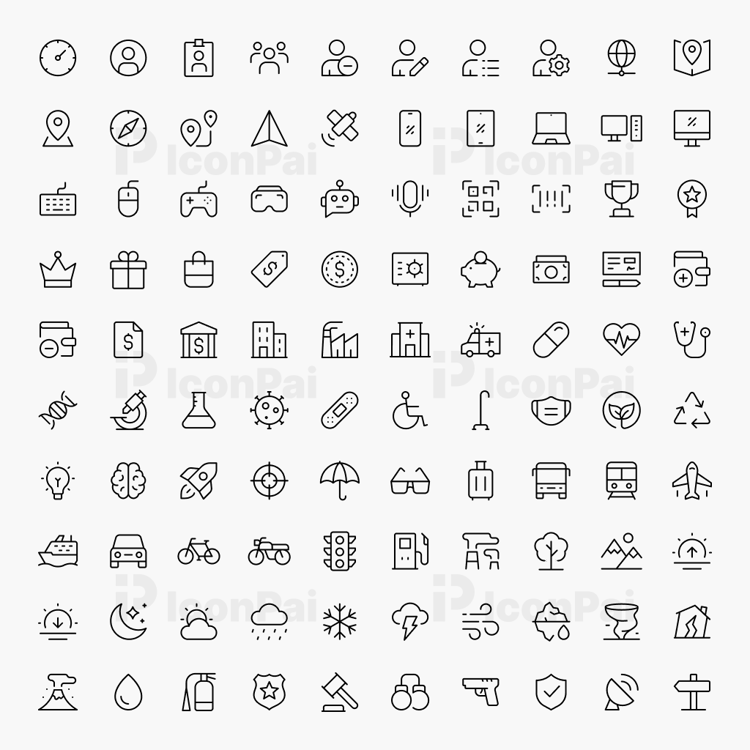 Basic UI Icons – Thin line style preview showing 100 clean minimal interface icons.