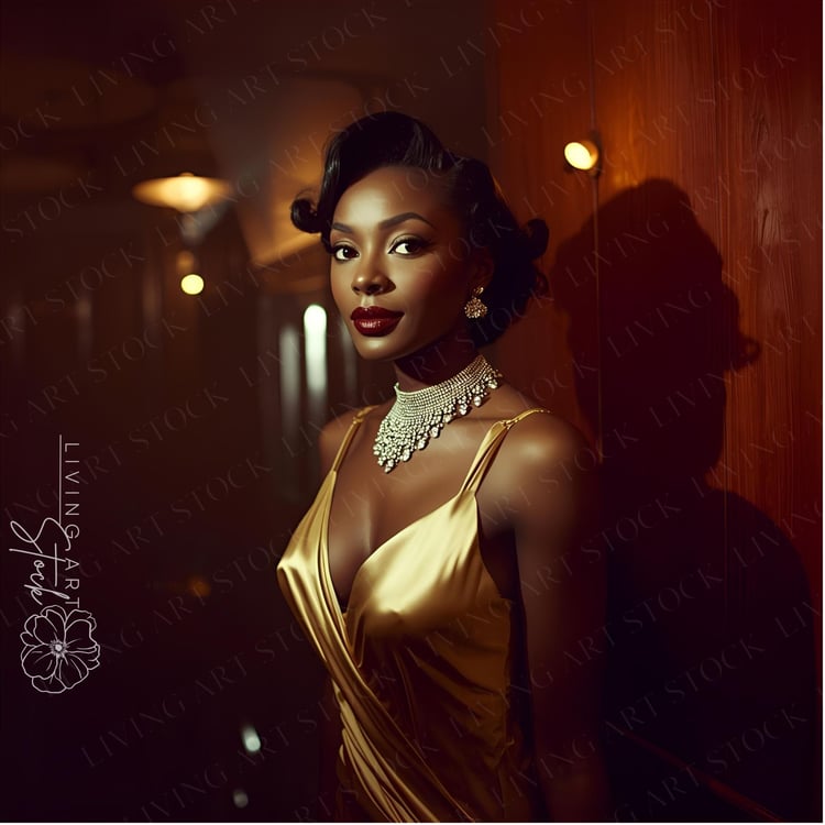 A stunning and elegant Black woman is depicted in a low-light, vintage-style setting. She is wearing a flowing, plunging gold silk slip dress and an exquisite diamond choker necklace with matching earrings.