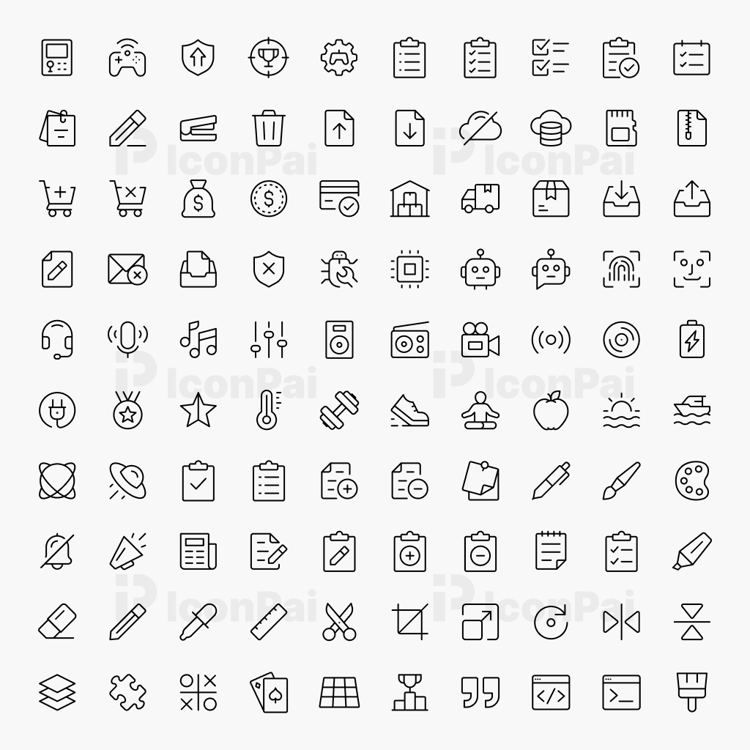 Basic UI Icons V3 – Thin line style preview of 100 clean minimal interface icons.