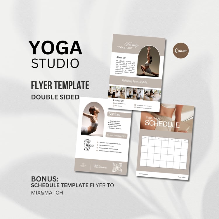 Dual sided yoga studio flyer template in neutral colors for class schedule and promotions.