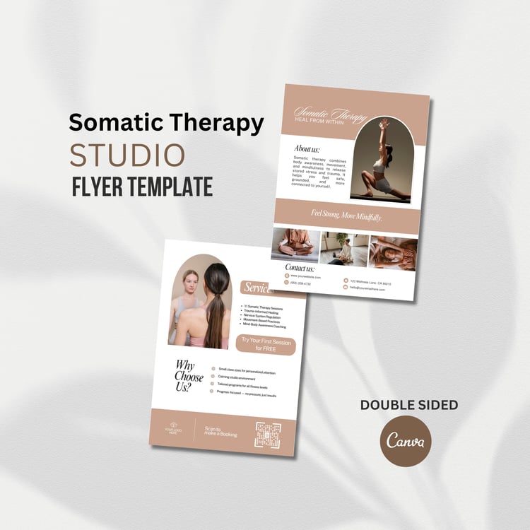 Somatic therapy flyer template for trauma-informed therapists and nervous system coaches.