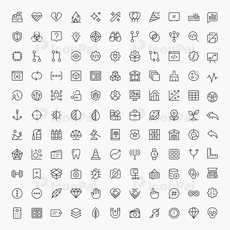 Basic UI Icons V5 – Thin line style preview of 125 clean minimal UI icons.