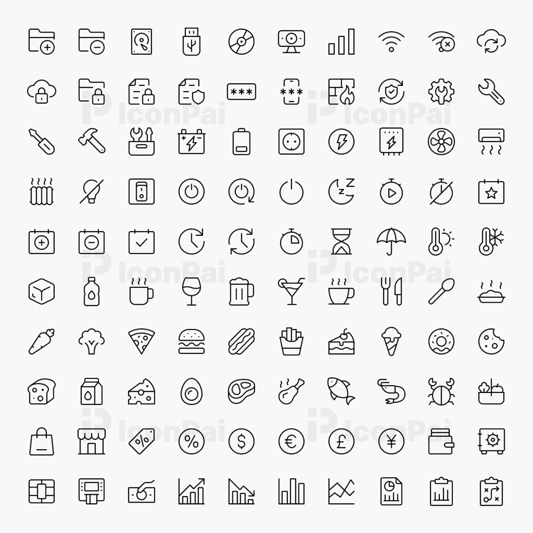 Basic UI Icons V6 – Thin line style preview of 100 clean minimal UI icons.